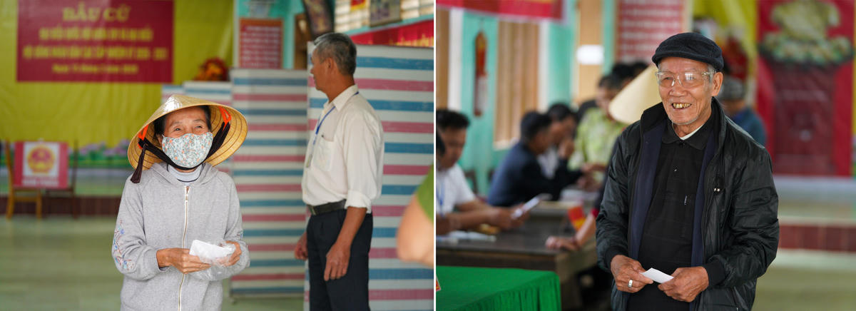 Cử tri làng nghề nón lá Quy Hậu phấn khởi sau khi hoàn thành xong việc bỏ phiếu. Ảnh: Cẩm Kỳ