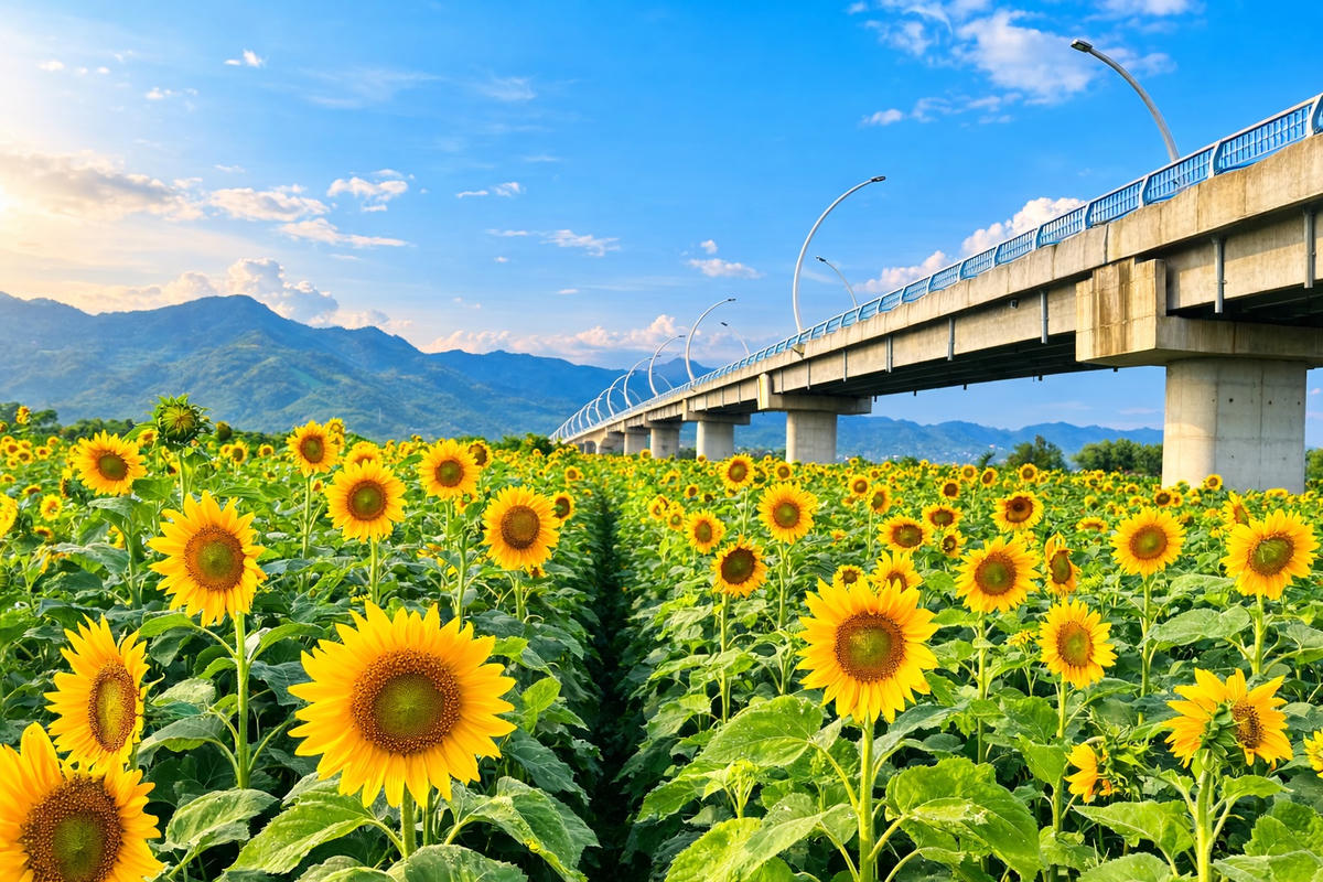 Một góc cánh đồng hoa hướng dương dưới chân cầu&nbsp;An Bình. Ảnh: CV.