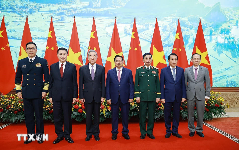 Thủ tướng Phạm Minh Chính tiếp Bộ trưởng Ngoại giao, Quốc phòng, Công an Trung Quốc sang dự Hội nghị lần thứ nhất, Cơ chế đối thoại chiến lược “3+3.” (Ảnh: Dương Giang/TTXVN)