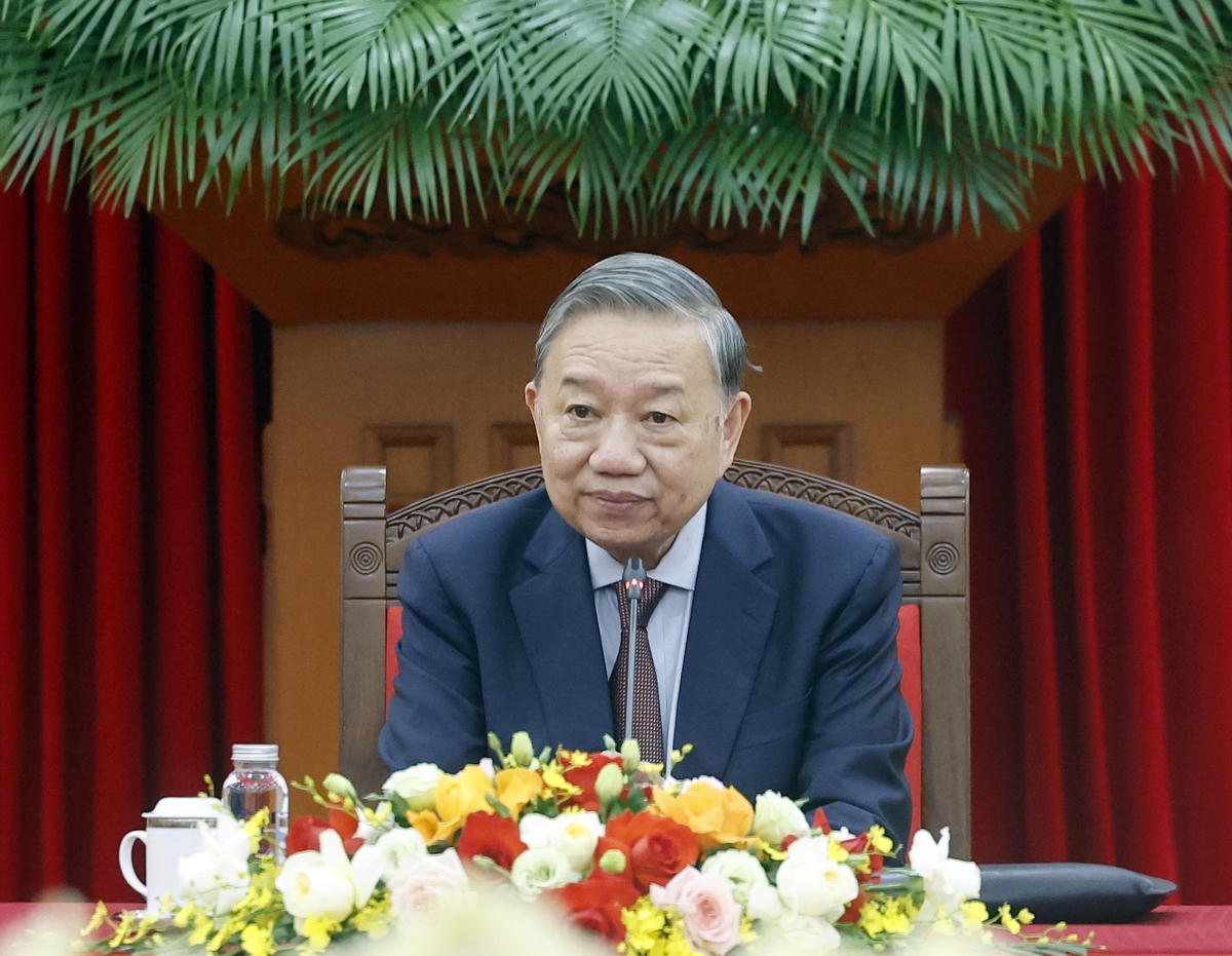 Tổng Bí thư Tô Lâm phát biểu tại buổi tiếp Bộ trưởng các Bộ Ngoại giao, Quốc phòng và Công an Trung Quốc. Ảnh: Thống Nhất – TTXVN