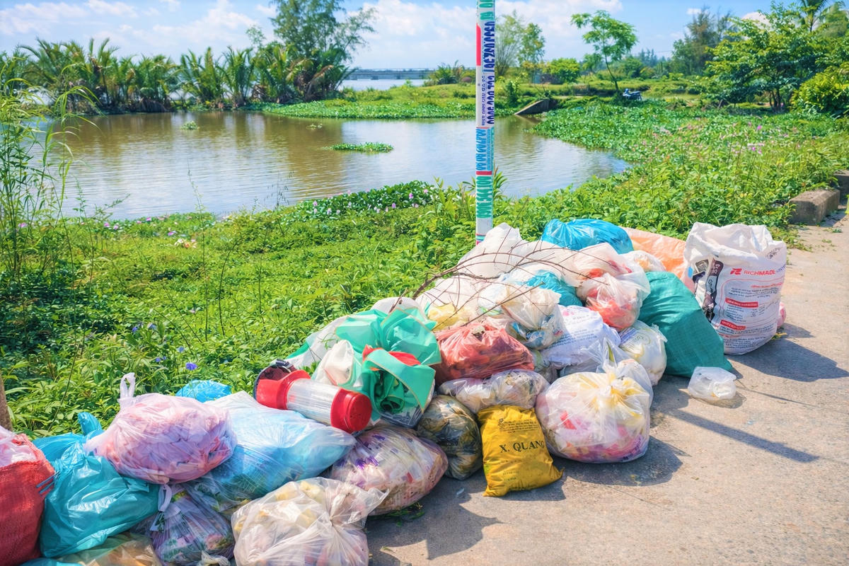 Rác thải ứng đọng nằm dọc tuyến đường khu dân cư ở xã Duy Nghĩa. Ảnh: Chí Đại.