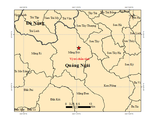 Vị trí tâm chấn động đất 3.8 độ richter ở xã Măng Bút. Ảnh: Viện Các khoa học Trái đất.