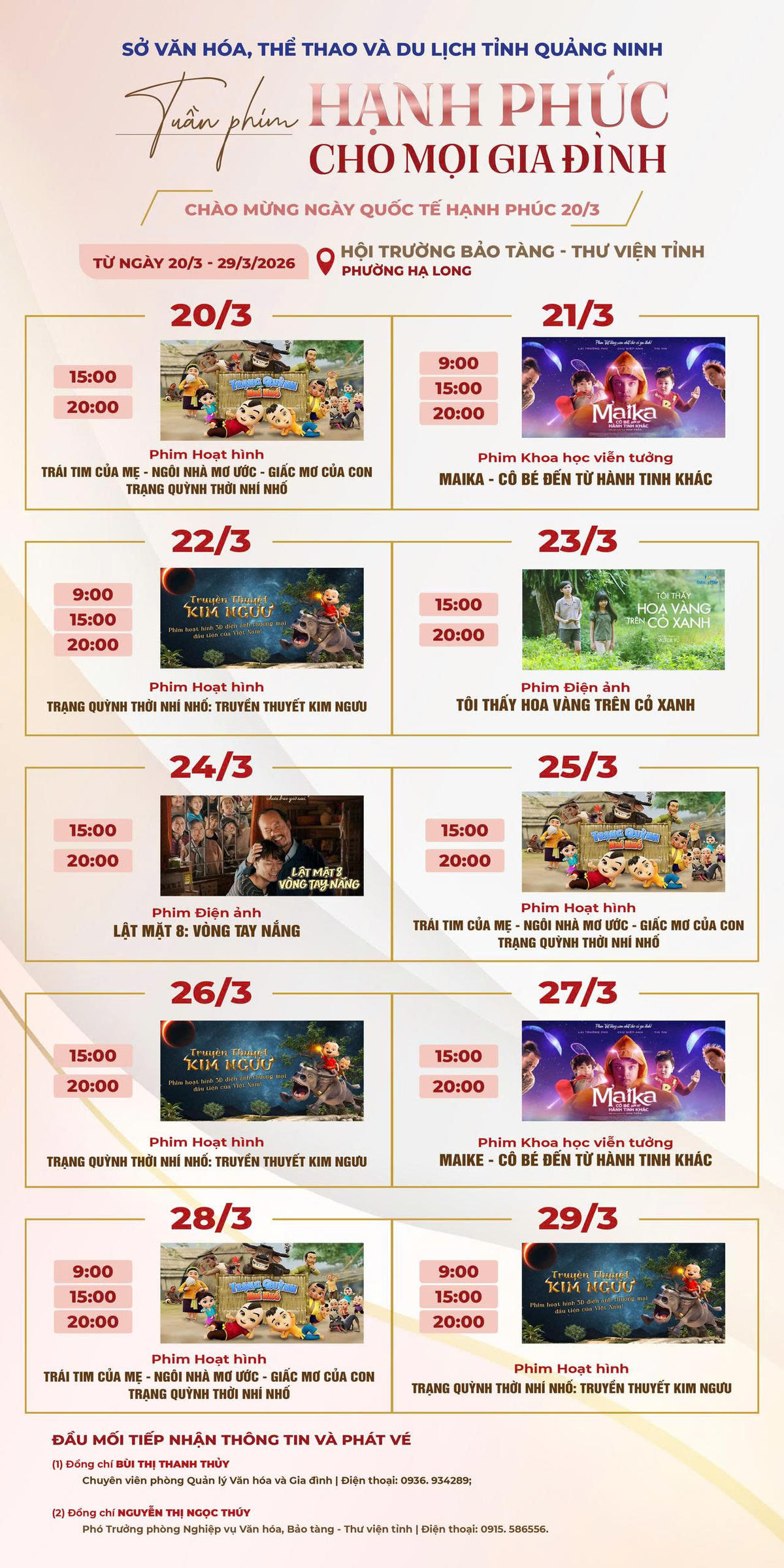 Lịch chiếu phim trong&nbsp;tuần phim "Hạnh phúc cho mọi gia đình".