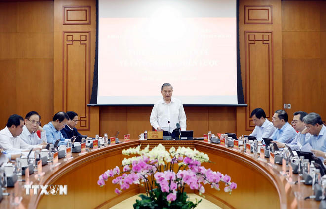 Tổng Bí thư Tô Lâm, Trưởng Ban Chỉ đạo Trung ương về phát triển khoa học, công nghệ, đổi mới sáng tạo và chuyển đổi số phát biểu. (Ảnh: Thống Nhất/TTXVN).