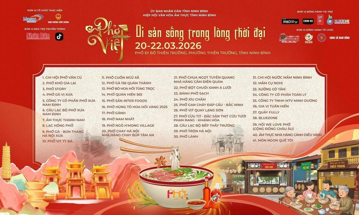Festival phở năm 2026&nbsp;tổ chức tại Ninh Bình có chủ đề “Phở Việt - Di sản sống trong lòng thời đại”, diễn ra từ ngày 19 đến 22/3. Chương trình khai mạc được tổ chức vào ngày 20/3 tại Không gian phố đi bộ Thiên Trường (Khu đô thị Thống Nhất, phường Thiên Trường, tỉnh Ninh Bình). Nhiều hoạt động sẽ được tổ chức tại festival như trưng bày, giới thiệu và phục vụ các loại phở đặc trưng của ba miền Bắc - Trung - Nam; giao lưu giữa các nghệ nhân, chuyên gia. festival phở 2026 quy tụ khoảng 50 gian hàng của các doanh nghiệp, thương hiệu phở tiêu biểu trên cả nước tham gia trình diễn, quảng bá, tái hiện tiến trình hình thành, phát triển và lan tỏa của phở Việt. Ảnh: Ban Tổ chức.