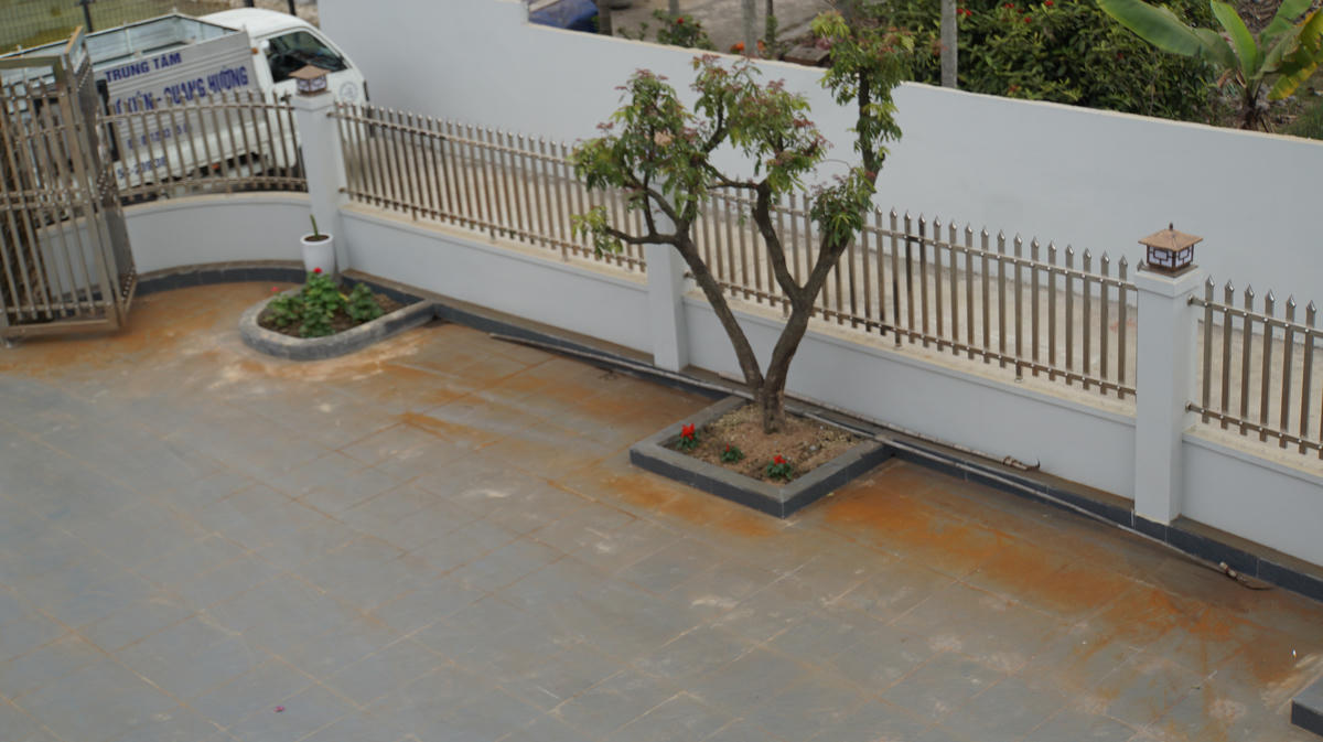 Bụi màu vàng xuất hiện tại khuôn viên sân của gia đình ông Lê Tiến Quang (TDP Hạ, phường Hồng An, TP Hải Phòng). Ảnh: PT.&nbsp;