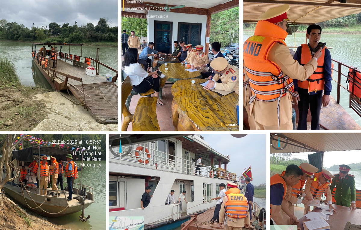 CSGT Thanh Hóa kiểm tra, yêu cầu các phương tiện chở khách lưu thông trên đường thủy thực hiện đúng quy định. Ảnh: CATH