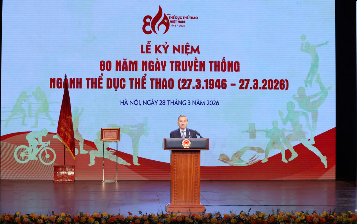 Tổng Bí thư Tô Lâm phát biểu tại Lễ kỷ niệm 80 năm Ngày truyền thống ngành Thể thao Việt Nam. Ảnh: Nhật Bắc