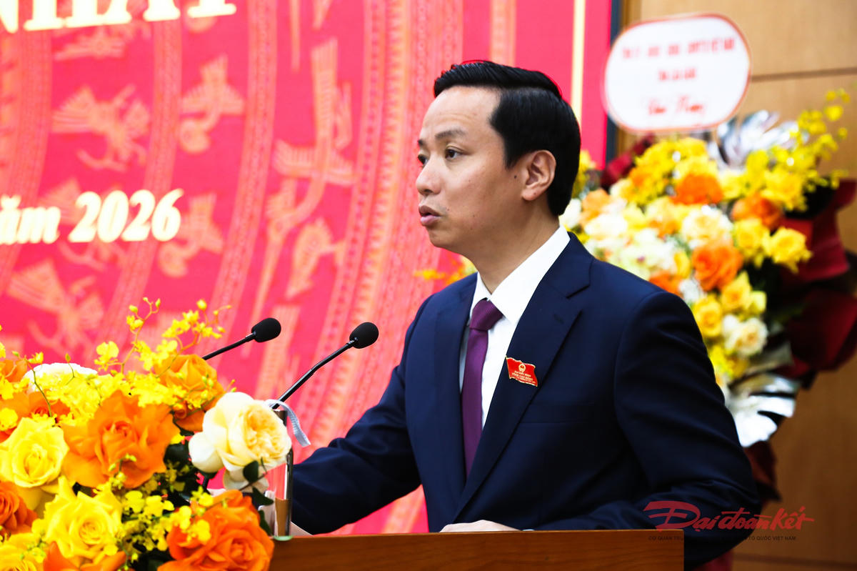 Ông Lê Hải Hòa - Chủ tịch UBND tỉnh Cao Bằng nhiệm kỳ 2026-2031 phát biểu nhận nhiệm vụ. Ảnh: Hân Nguyễn.