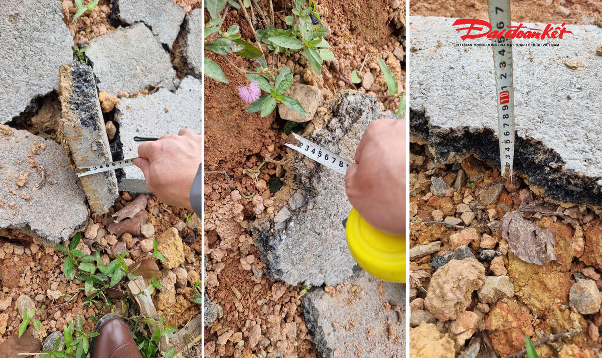 Mặt nền asphalt nhựa bị hư hỏng có độ dày chỉ khoảng 5 - 6 cm. Ảnh: Nguyễn Toán.