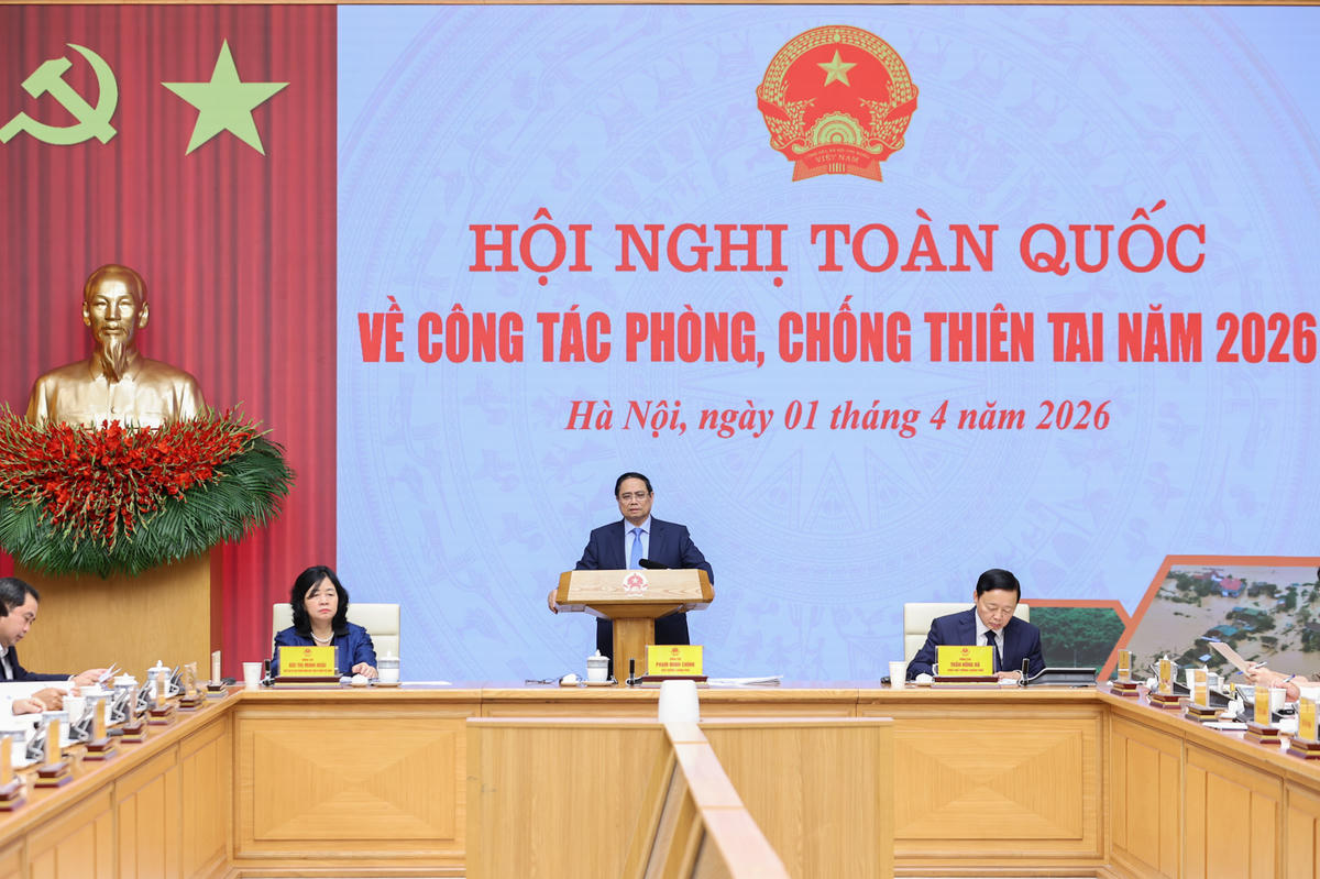 Thủ tướng Chính phủ Phạm Minh Chính, Trưởng Ban Chỉ đạo Phòng thủ dân sự quốc gia chủ trì Hội nghị toàn quốc về công tác phòng, chống thiên tai năm 2026. Ảnh: Nhật Bắc