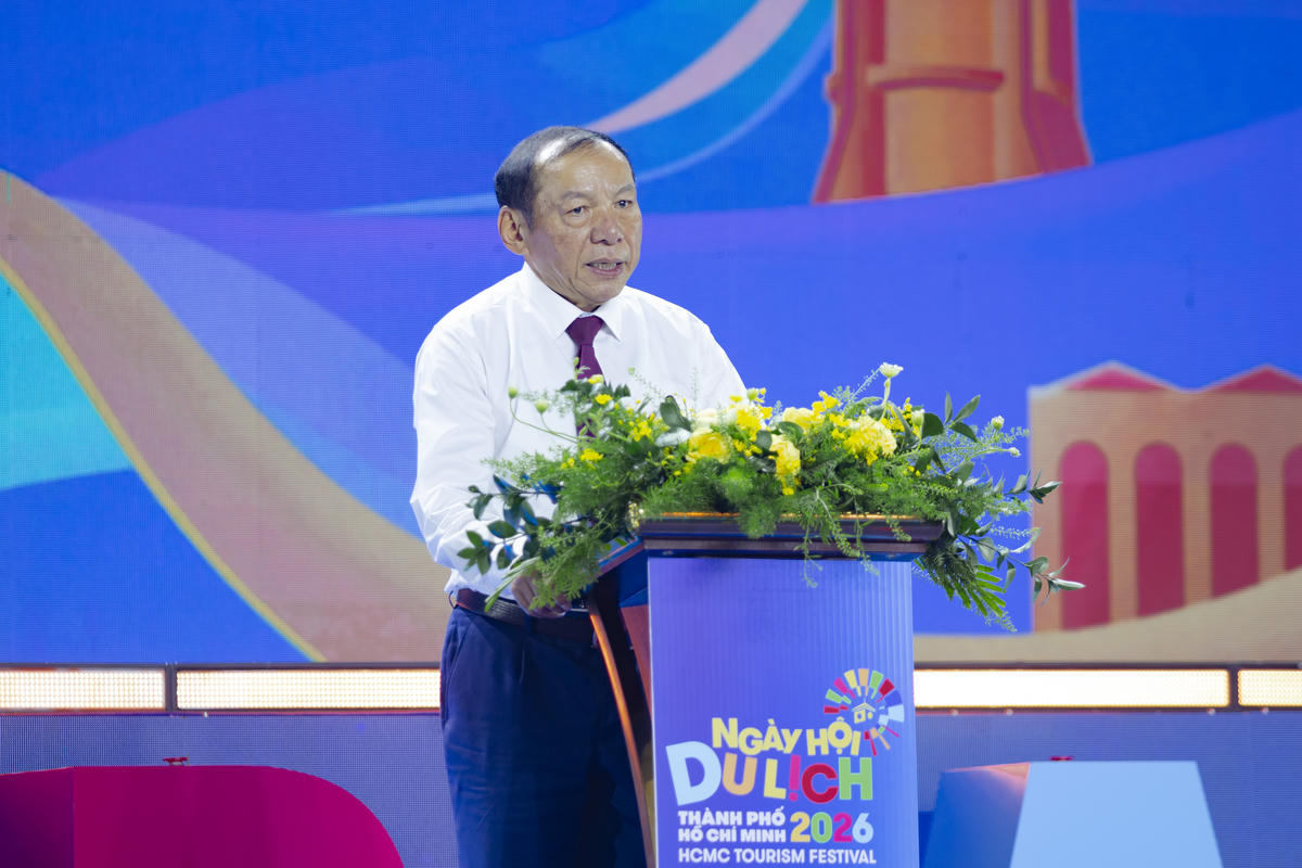 Bộ trưởng Bộ Văn hóa, Thể thao và Du lịch Nguyễn Văn Hùng phát biểu tại Ngày hội Du lịch TP Hồ Chí Minh. Ảnh: M.P