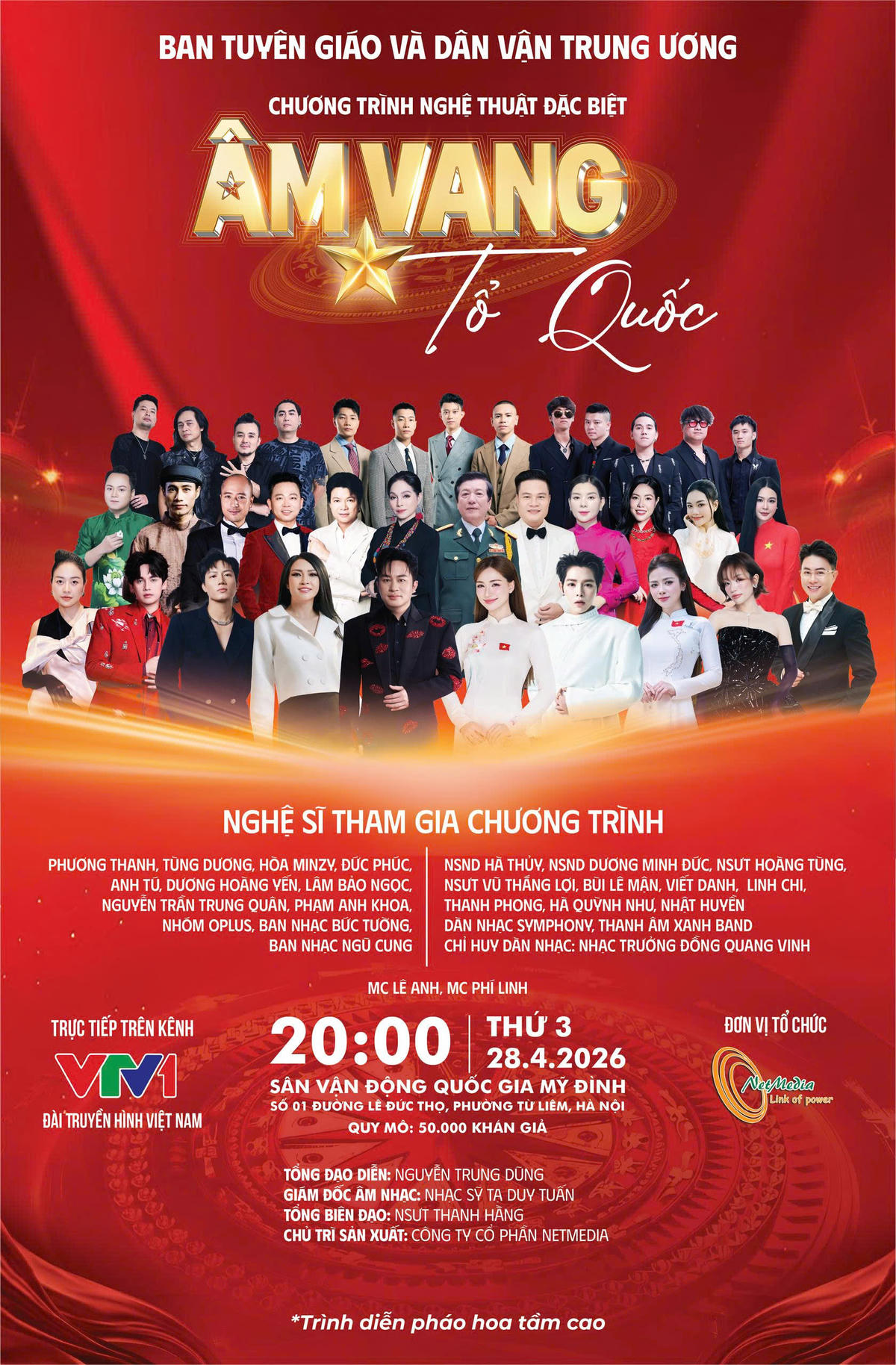 Chương trình nghệ thuật “Âm vang Tổ quốc sẽ diễn ra vào tối ngày 28/4 tại Sân vận động Quốc gia Mỹ Đình (Hà Nội).