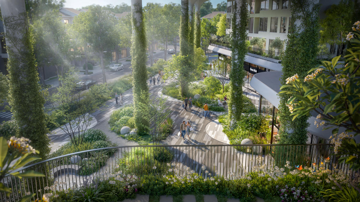 Cảnh quan nối liền 4 tòa tạo nên không gian xanh mát tại tầng 1 Forest Onsen