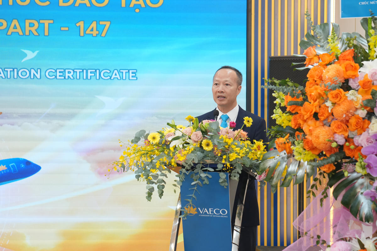Ông Trần Quốc Hoài, Tổng Giám đốc VAECO phát biểu tại Lễ công bố chứng nhận Tổ chức đào tạo bảo dưỡng tàu bay EASA part 147.