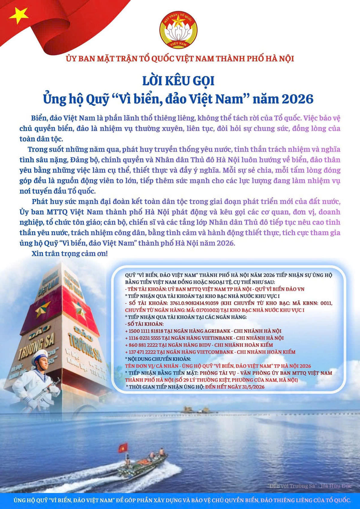 Ủy ban MTTQ Việt Nam thành phố Hà Nội ra lời kêu gọi ủng hộ Quỹ Vì biển, đảo Việt Nam năm 2026