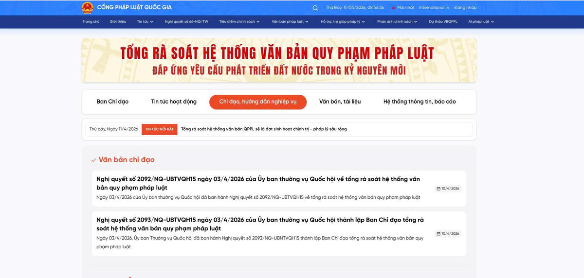 Chuyên mục “Tổng rà soát hệ thống văn bản quy phạm pháp luật” trên Cổng Pháp luật quốc gia. Ảnh: G.B.