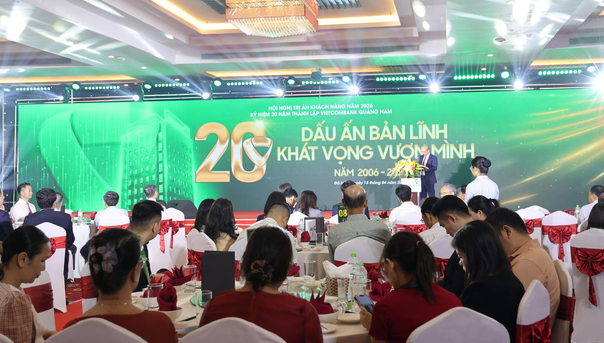 Quang cảnh hội nghị tri ân khách hàng năm 2026 và kỷ niệm 20 năm thành lập Vietcombank Quảng Nam. Ảnh: Chí Đại.