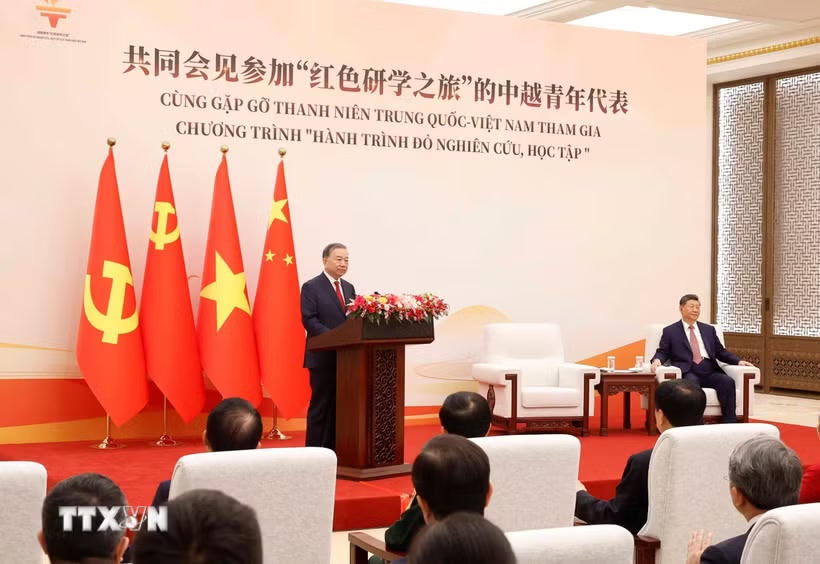 Tổng Bí thư, Chủ tịch nước Tô Lâm phát biểu tại buổi gặp gỡ thanh niên hai nước tham gia chương trình “Hành trình Đỏ nghiên cứu, học tập.” (Ảnh: Thống Nhất/TTXVN).