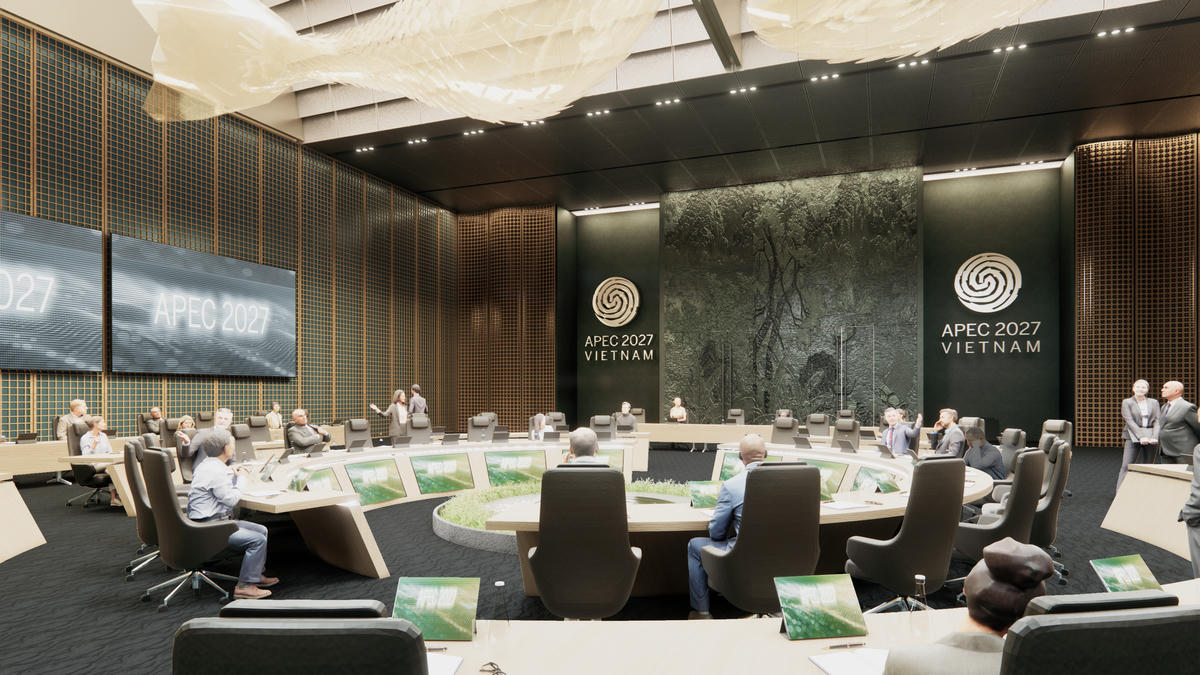 Thiết kế bên trong trung tâm Hội nghị APEC Phú Quốc. Sun Group hợp tác với những tên tuổi lớn trên thế giới để nâng tầm chất lượng cho các công trình trọng điểm phục vụ APEC 2027.