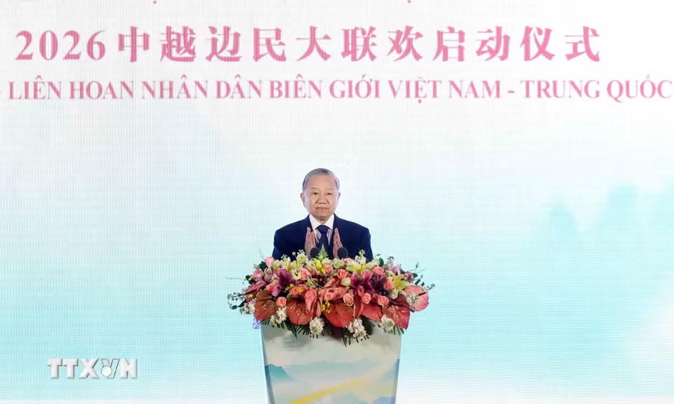 Tổng Bí thư, Chủ tịch nước Tô Lâm phát biểu tại Lễ khai mạc Liên hoan nhân dân biên giới Việt-Trung. (Ảnh: Thống Nhất/TTXVN)