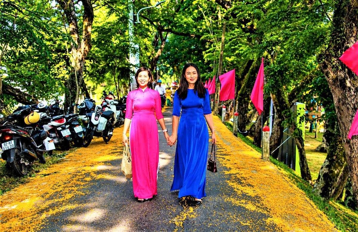 Các chị với áo dài thướt tha trên đường vàng sưa. Ảnh: Tấn Thành.