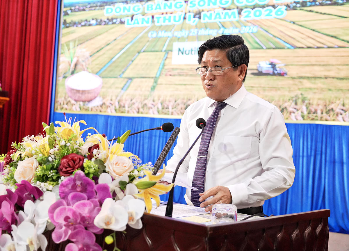 Phó Chủ tịch UBND tỉnh Cà Mau Lê Văn Sử phát biểu khai mạc Cuộc thi gạo ngon ĐBSCL lần thứ I năm 2026. Ảnh: Nguyên Du