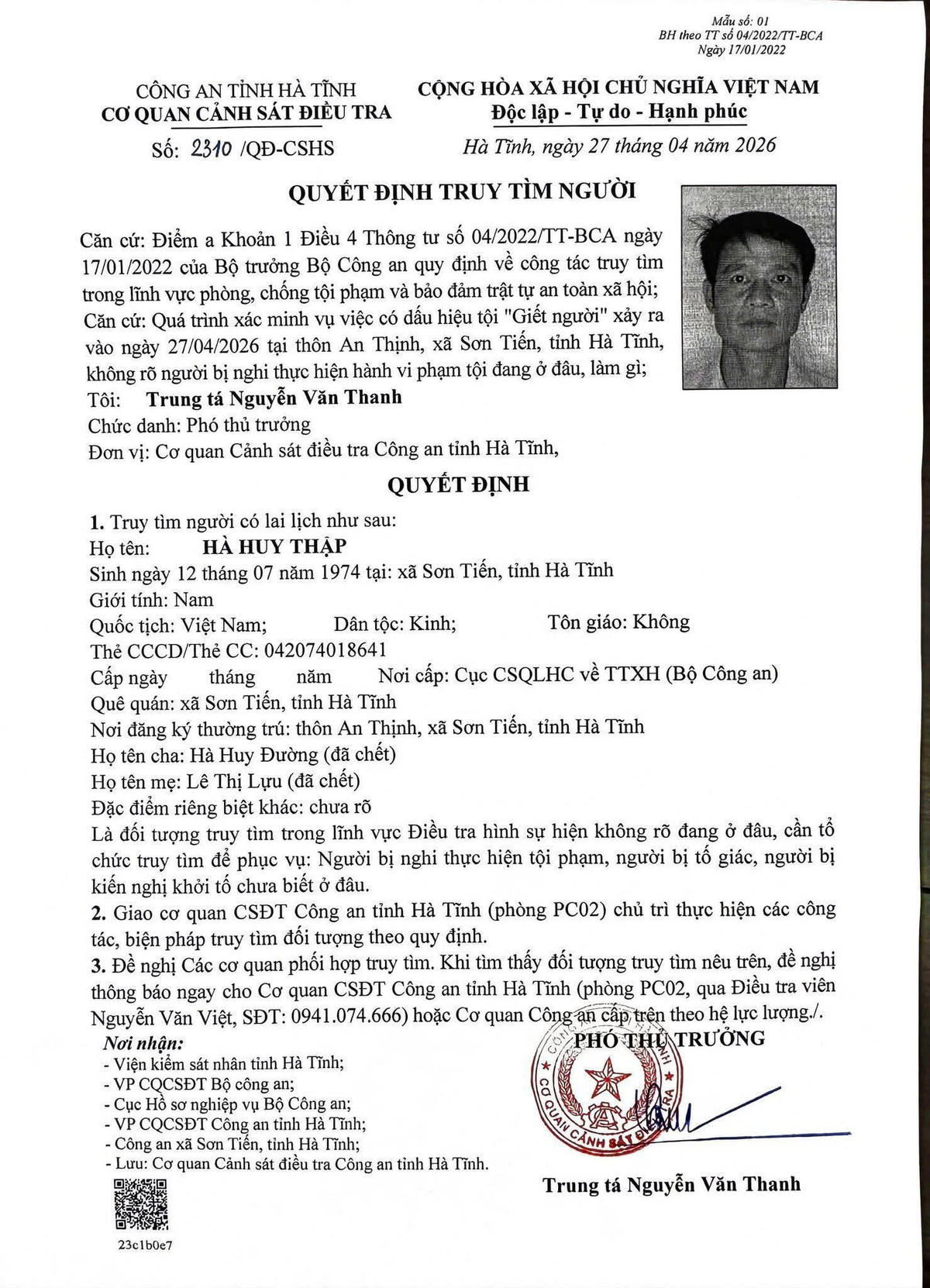 Quyết định tìm người đối với Hà Huy Thập. Ảnh: TT.