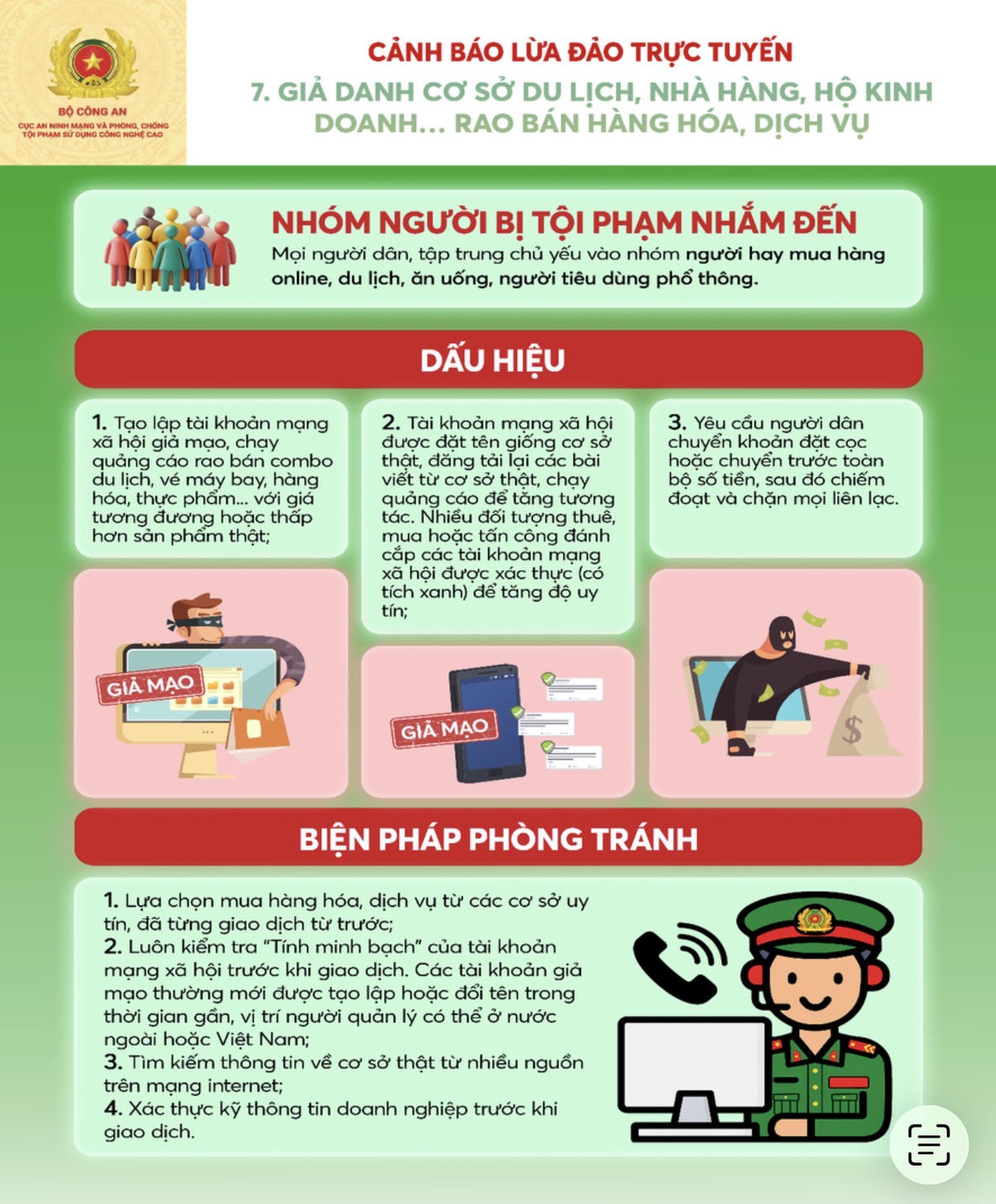 Bộ Công an cảnh báo hình thức lừa đảo các dịch vụ du lịch. Ảnh: BCA