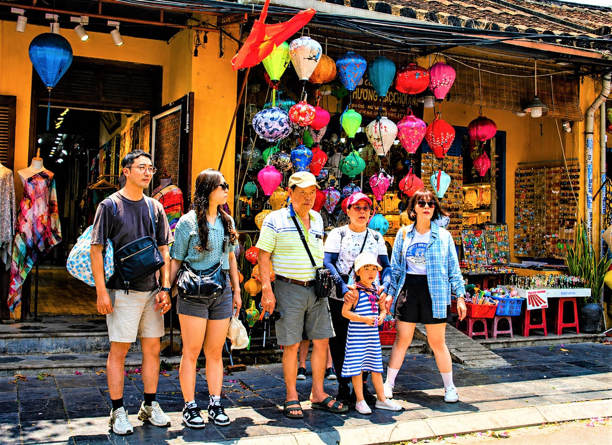 Một gia đình chụp ảnh lưu niệm bên chiếc đèn lồng. Ảnh: Chí Đại.