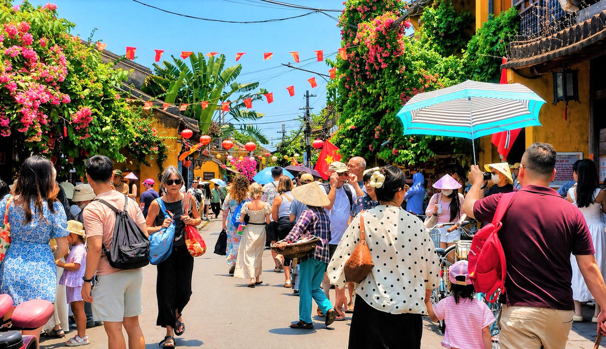 Nhiều du khách tản bộ ở đường Nguyễn Thái Học, phường Hội An. Ảnh: Chí Đại.