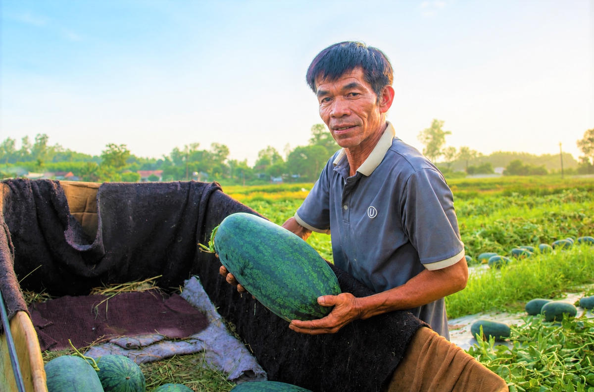 Ông Nguyễn Lâm đang thu hoạch dưa hấu trên cánh đồng ruộng. Ảnh: Tấn Thành.