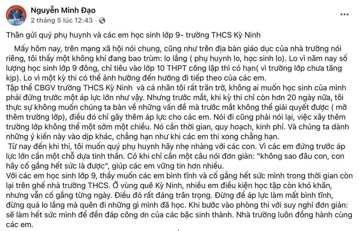Bài viết trên trang Facebook cá nhân của thầy Nguyễn Minh Đạo.