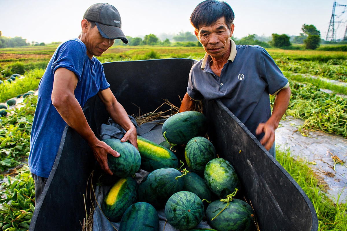 Người dân xã Tây Hồ thu hoạch dưa hấu bán cho thương lái. Ảnh: Tấn Thành.