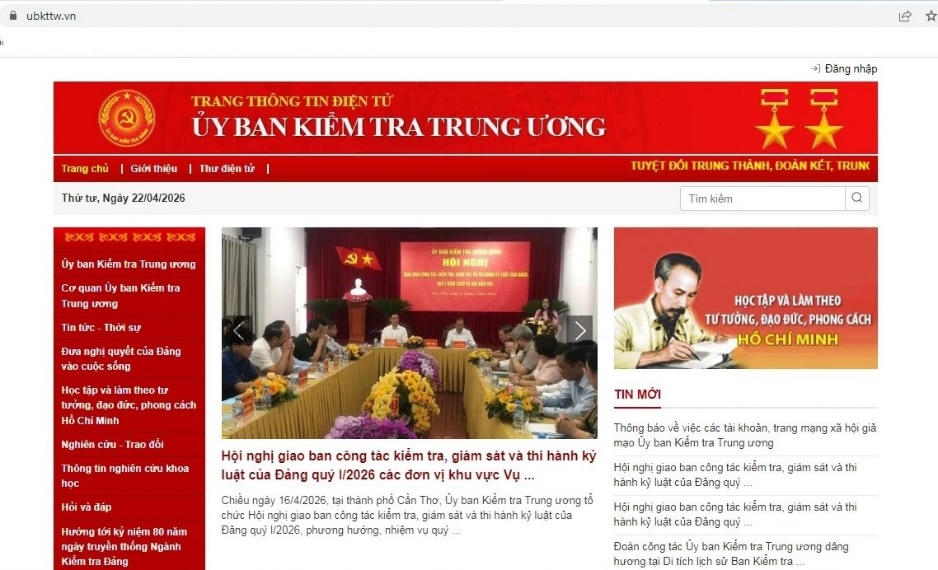 Trang Thông tin điện tử của Ủy ban Kiểm tra Trung ương. Ảnh: CATPHN