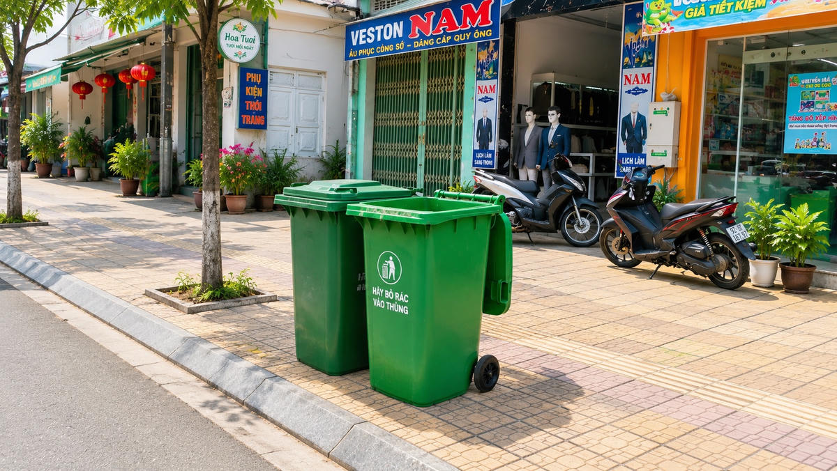Một số thùng rác đặt trên đường Phan Chu Trinh, phường Tam Kỳ. Ảnh: CĐ.