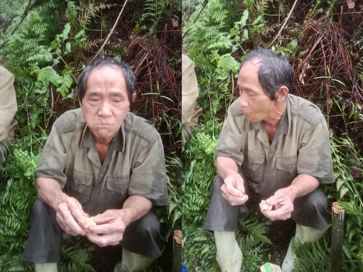 Thời điểm lực lượng chức năng tìm thấy, ông Tá có biểu hiện mệt mỏi nhưng tinh thần vẫn tỉnh táo. Ảnh: Công an tỉnh Tuyên Quang.