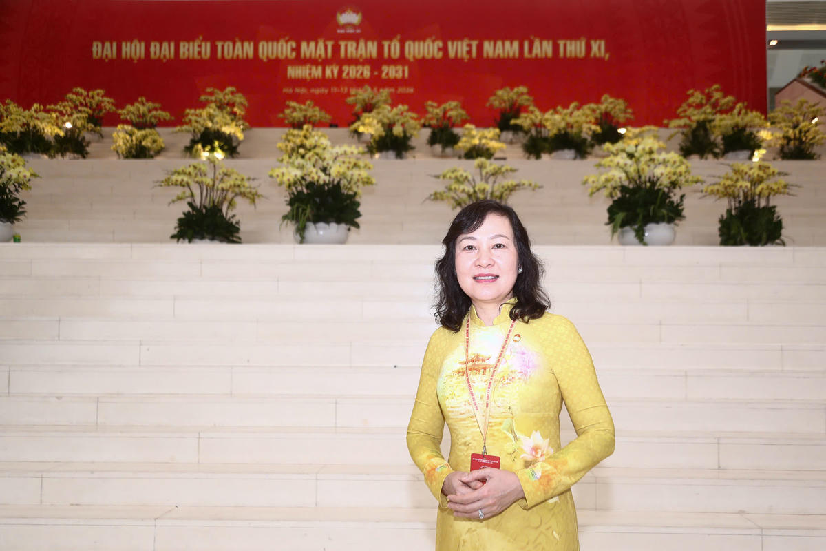 Phó Bí thư Thành ủy, Chủ tịch Ủy ban MTTQ thành phố Đồng Nai Huỳnh Thị Hằng bên lề Đại hội đại biểu toàn quốc MTTQ Việt Nam lần thứ XI, nhiệm kỳ 2026-2031. Ảnh: PV