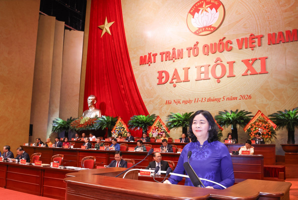 Ủy viên Bộ Chính trị, Bí thư Trung ương Đảng, Chủ tịch UBTƯ MTTQ Việt Nam Bùi Thị Minh Hoài phát biểu nhận nhiệm vụ tại Đại hội. Ảnh: Quang Vinh.