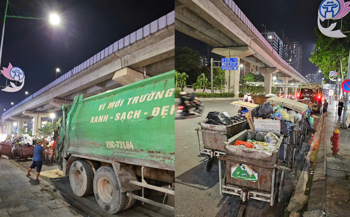 Tình trạng tập kết, thu gom rác tại đường Nguyên Trãi, Hà Nội gây ô nhiễm, cản trở giao thông giờ cao điểm.
