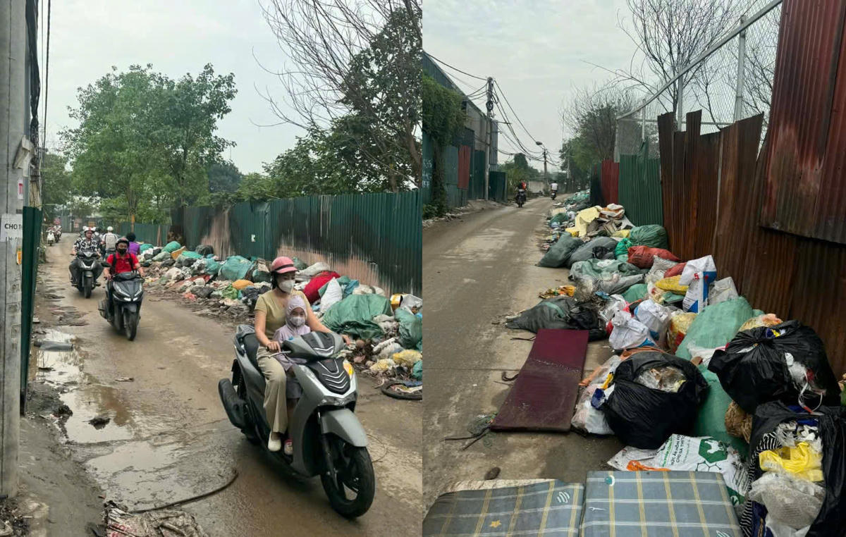 Rác thải sinh hoạt chất đống tại đường đi ở phường Thanh Liệt, Hà Nội. Ảnh: Đạt Lê.