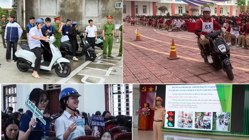Phòng Cảnh sát giao thông đã phối hợp với công an cấp xã tổ chức tuyên truyền, hướng dẫn kỹ năng lái xe gắn máy, xe máy điện an toàn cho học sinh. Ảnh: P.K