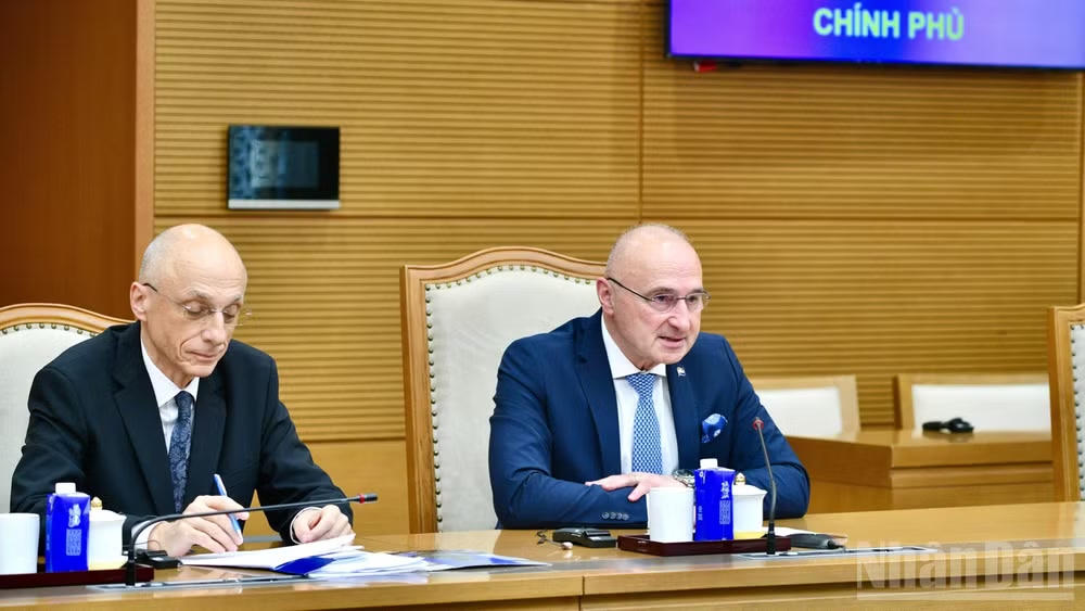Bộ trưởng Ngoại giao và các vấn đề châu Âu Cộng hòa Croatia Gordan Grlić Radman phát biểu ý kiến tại buổi tiếp. (Ảnh: THANH GIANG)