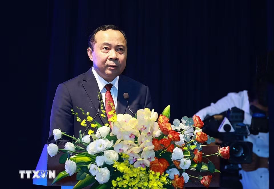 Bộ trưởng Bộ Khoa học và Công nghệ Vũ Hải Quân phát biểu khai mạc. (Ảnh: Dương Giang/TTXVN)