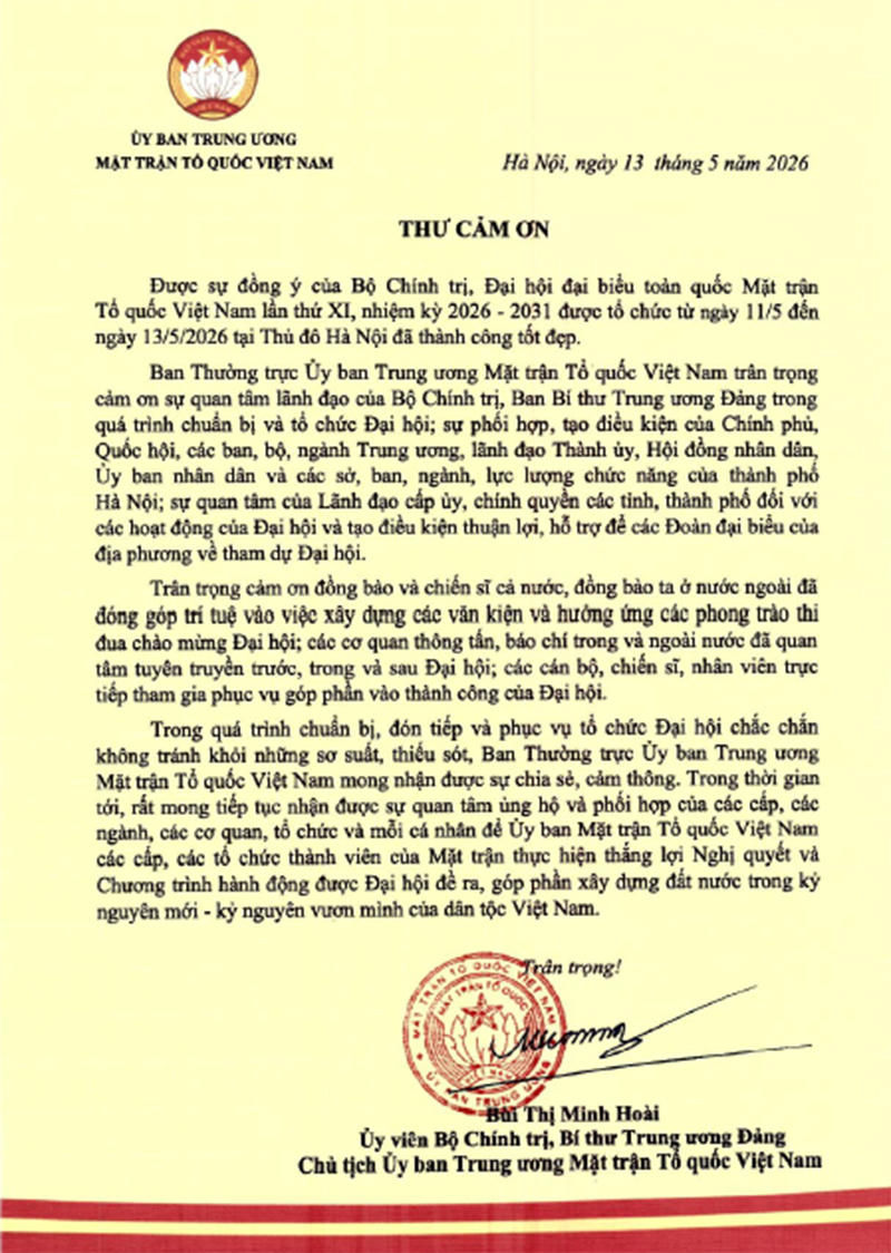 THƯ CẢM ƠN