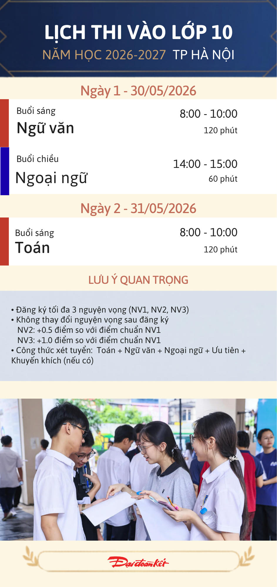 Lịch thi tuyển sinh vào lớp 10 năm học 2026-2027 tại Hà Nội