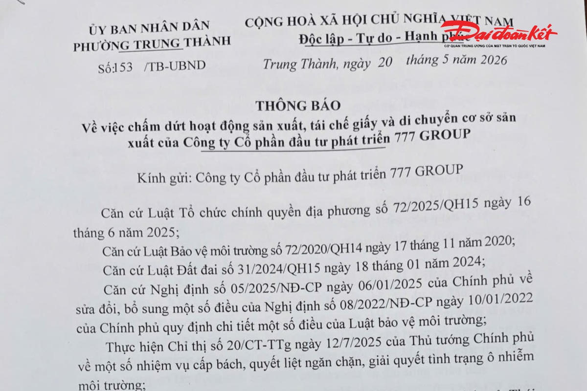 UBND phường Trung Thành yêu cầu dừng sản xuất và di chuyển nhà máy chế biến giấy đi nơi khác.
