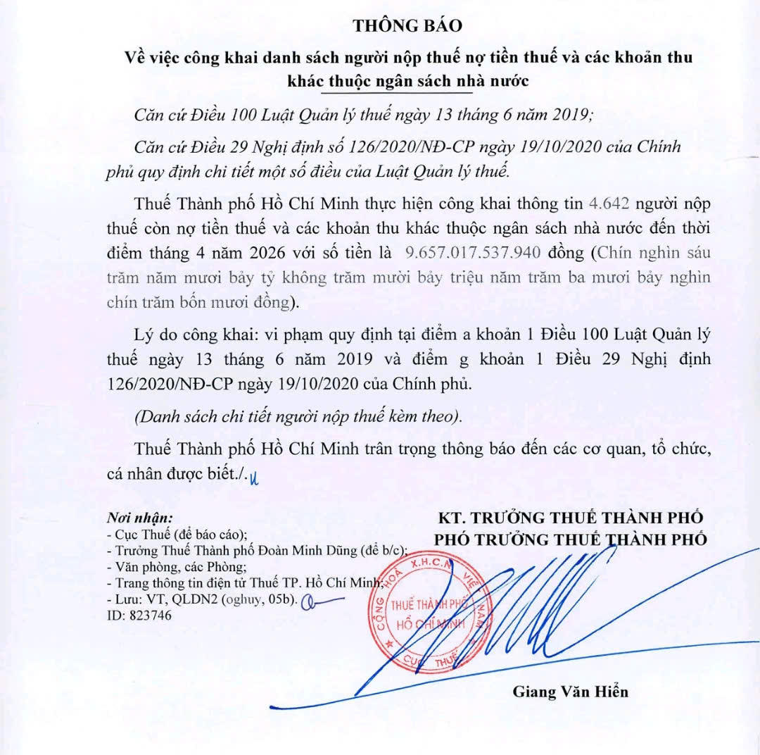 Thông báo mới nhất của Thuế TP Hồ Chí Minh liên quan đến danh sách gần 4.650 doanh nghiệp còn nợ tiền thuế và các khoản thu khác thuộc ngân sách nhà nước tính đến tháng 4/2026. Ảnh chụp tài liệu.