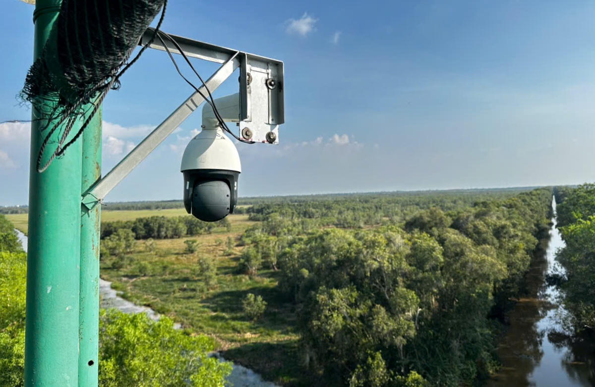 Một camera giám sát được đặt tại đài quan sát của Vườn quốc gia Tràm Chim. (Ảnh: Trung Ngãi).