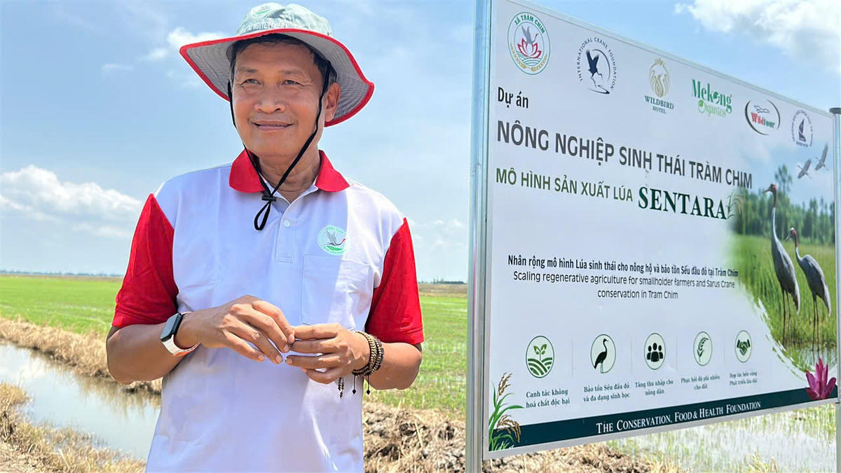 Tiến sĩ Trần Triết bên dự án nông nghiệp sinh thái Tràm Chim. (Ảnh: Trung Ngãi).